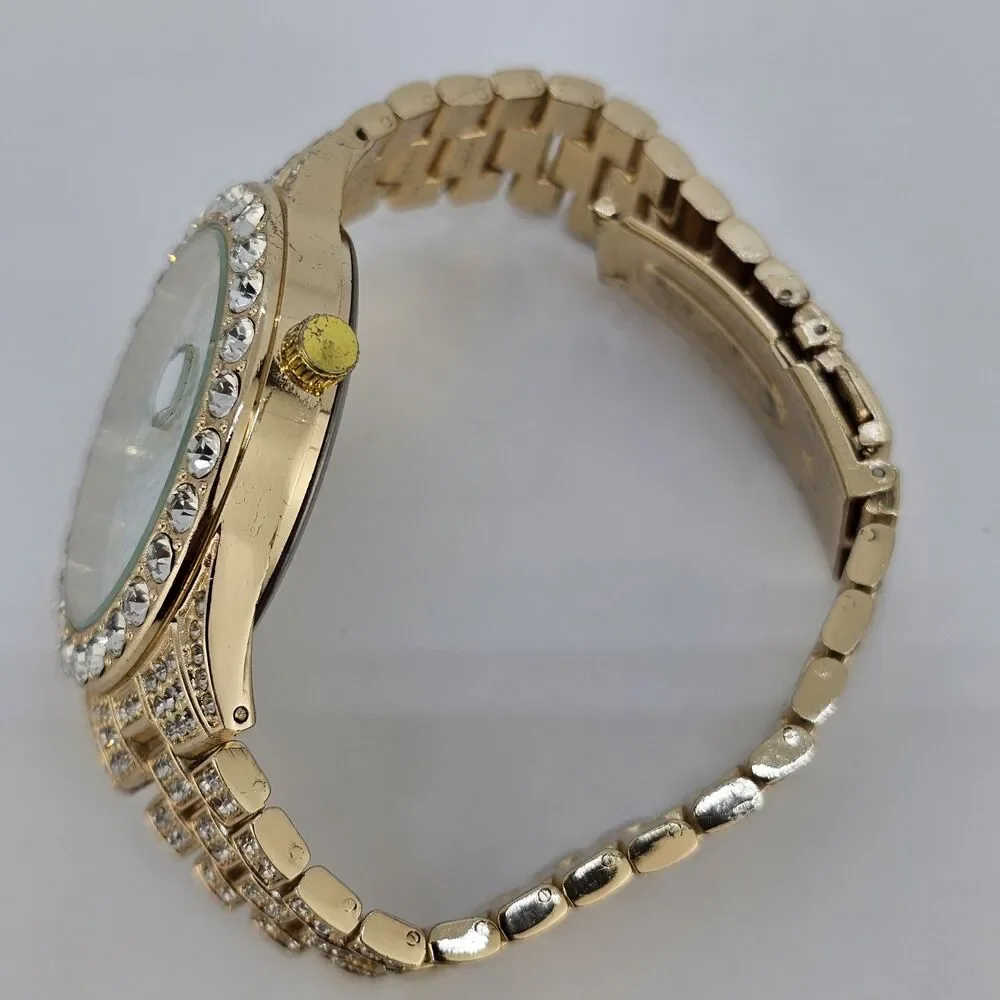 Unisex Watch 42MM Crystal Bling Gold Case Gold Band Date 7.5